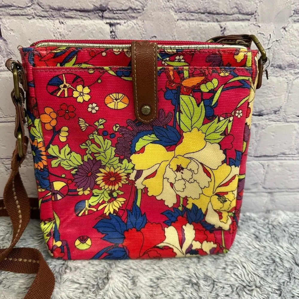 Sak Roots Artist Circle Flat Crossbody Purse Red Floral Brown Adjustable Strap